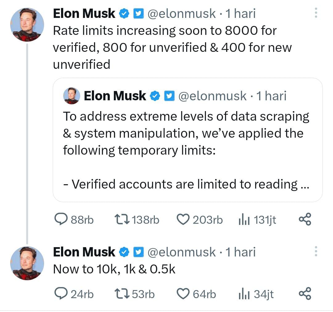 Elon Musk Batasi Jumlah Tweet yang Bisa Dibaca Cuma 10.000 per Hari untuk Akun Terverifikasi